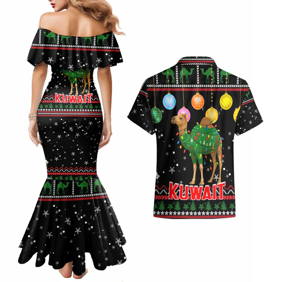 Kuwait Christmas Couples Matching Mermaid Dress and Hawaiian Shirt with Camel in Festive Ornaments Snowflakes and Green Red - Wonder Print Shop