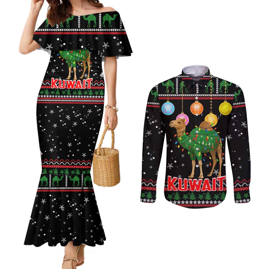 Kuwait Christmas Couples Matching Mermaid Dress and Long Sleeve Button Shirt with Camel in Festive Ornaments Snowflakes and Green Red - Wonder Print Shop