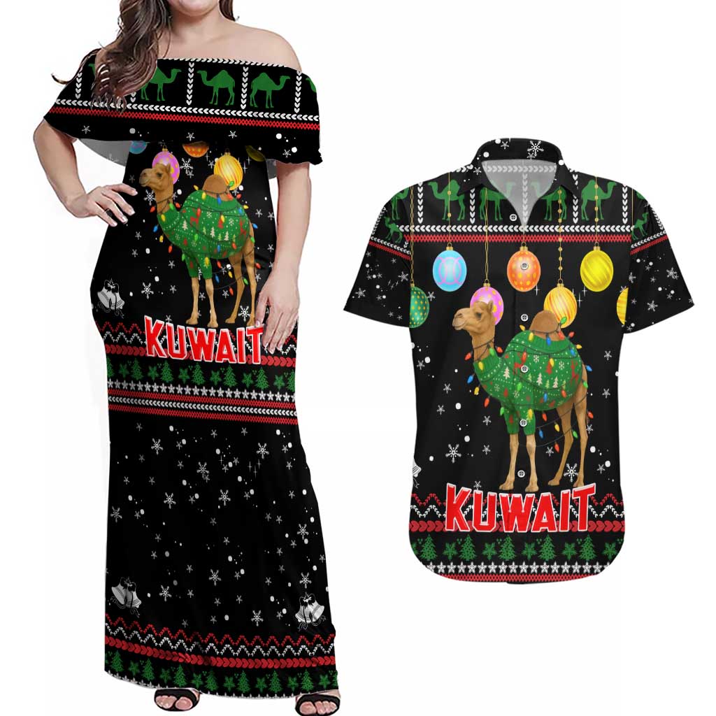Kuwait Christmas Couples Matching Off Shoulder Maxi Dress and Hawaiian Shirt with Camel in Festive Ornaments Snowflakes and Green Red - Wonder Print Shop