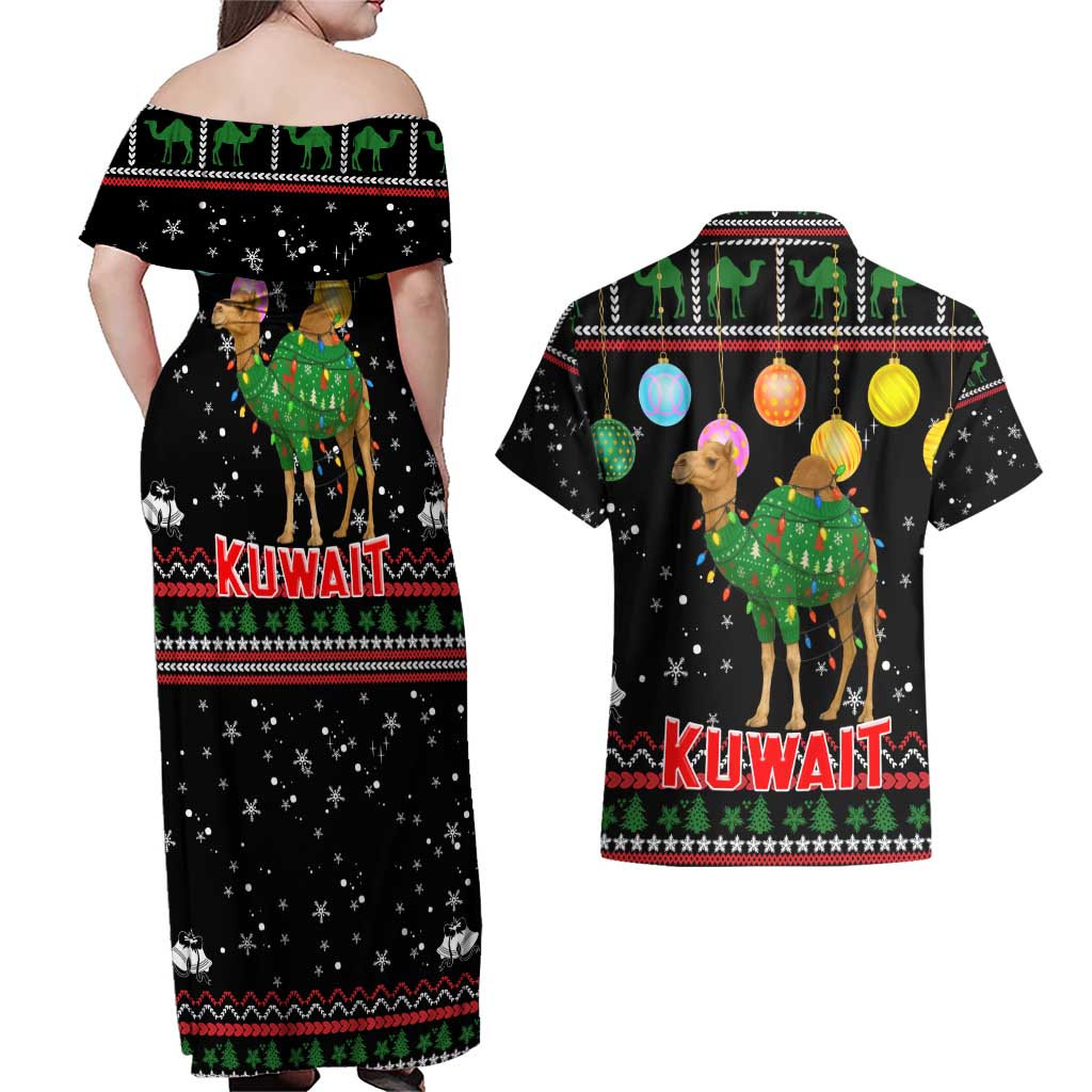 Kuwait Christmas Couples Matching Off Shoulder Maxi Dress and Hawaiian Shirt with Camel in Festive Ornaments Snowflakes and Green Red - Wonder Print Shop