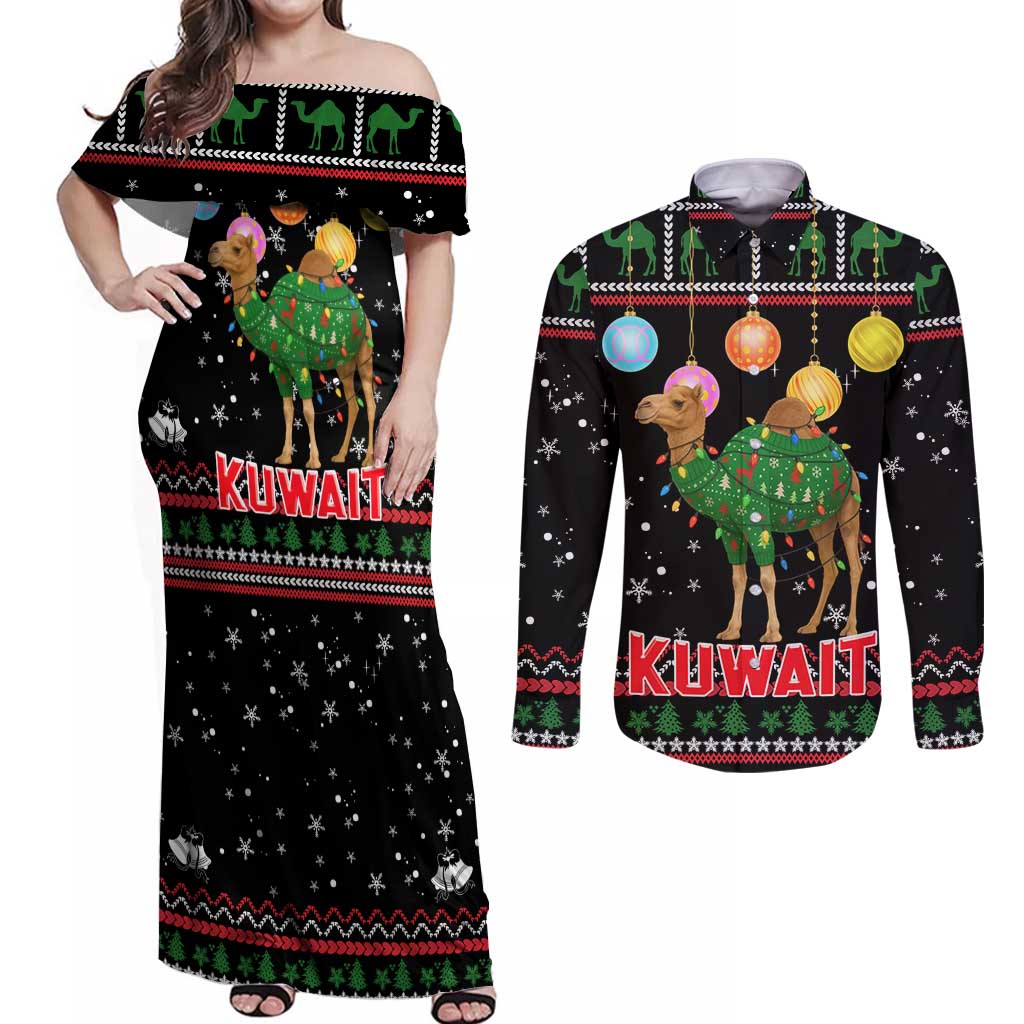 Kuwait Christmas Couples Matching Off Shoulder Maxi Dress and Long Sleeve Button Shirt with Camel in Festive Ornaments Snowflakes and Green Red - Wonder Print Shop