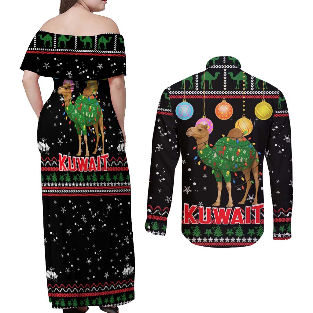 Kuwait Christmas Couples Matching Off Shoulder Maxi Dress and Long Sleeve Button Shirt with Camel in Festive Ornaments Snowflakes and Green Red - Wonder Print Shop