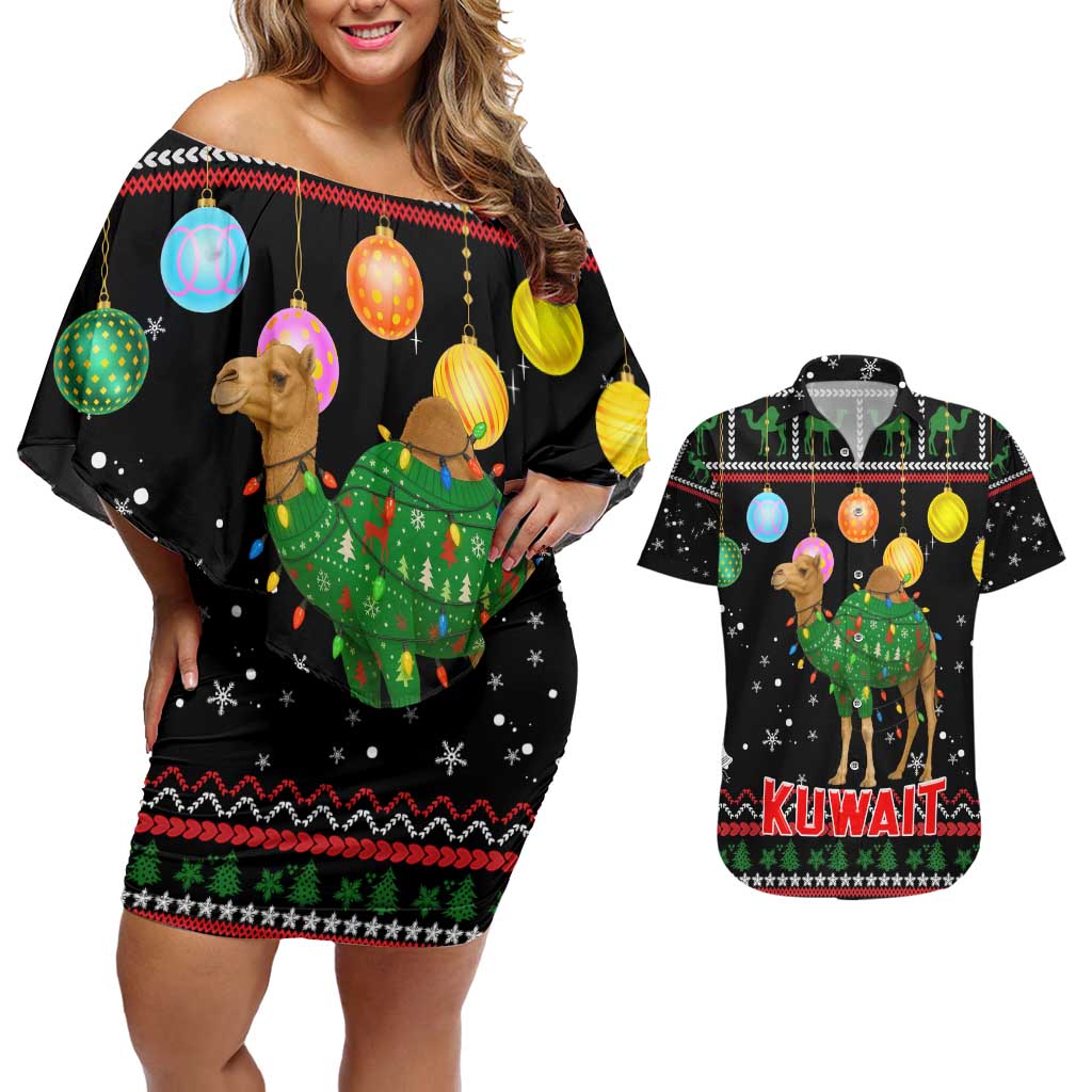 Kuwait Christmas Couples Matching Off Shoulder Short Dress and Hawaiian Shirt with Camel in Festive Ornaments Snowflakes and Green Red - Wonder Print Shop