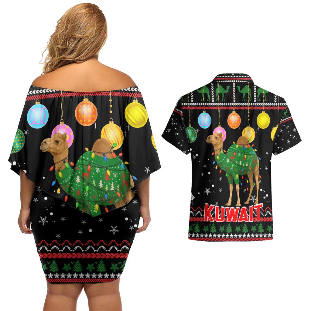 Kuwait Christmas Couples Matching Off Shoulder Short Dress and Hawaiian Shirt with Camel in Festive Ornaments Snowflakes and Green Red - Wonder Print Shop