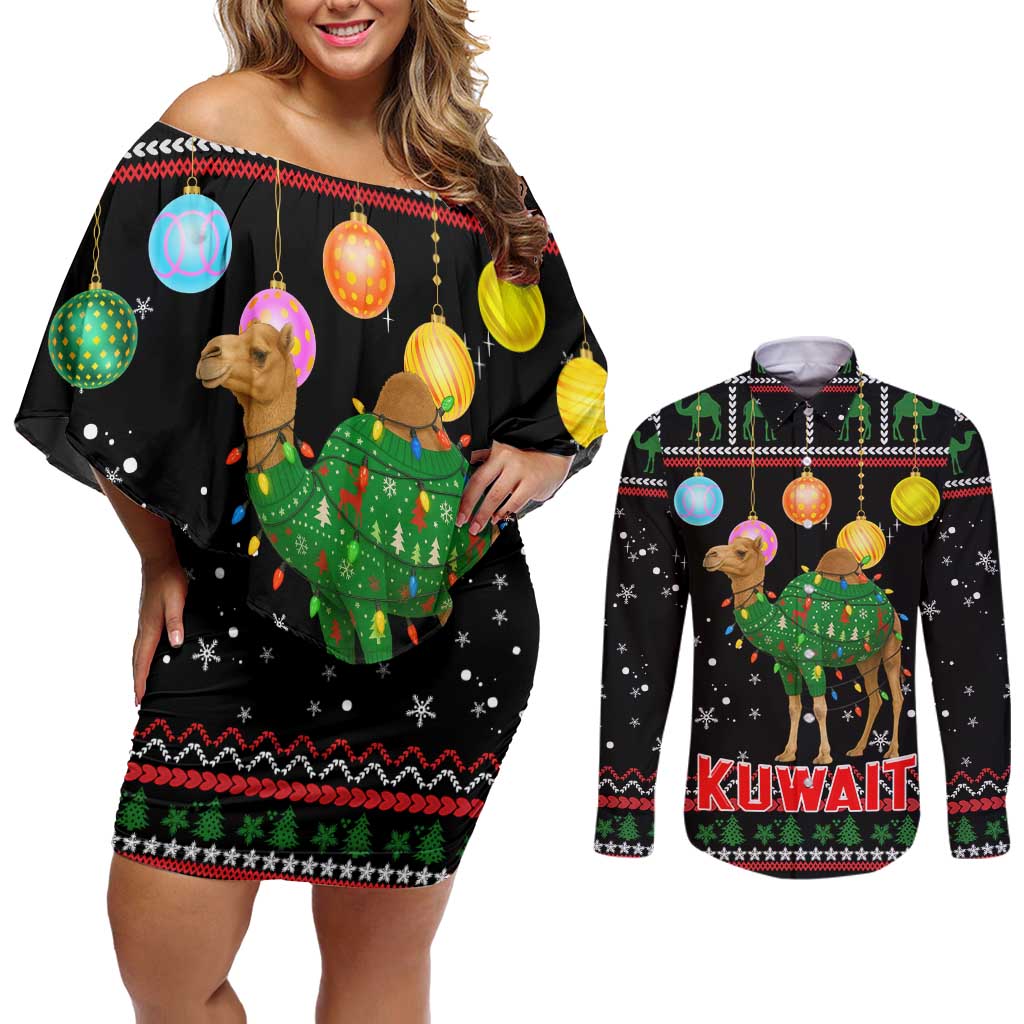 Kuwait Christmas Couples Matching Off Shoulder Short Dress and Long Sleeve Button Shirt with Camel in Festive Ornaments Snowflakes and Green Red - Wonder Print Shop