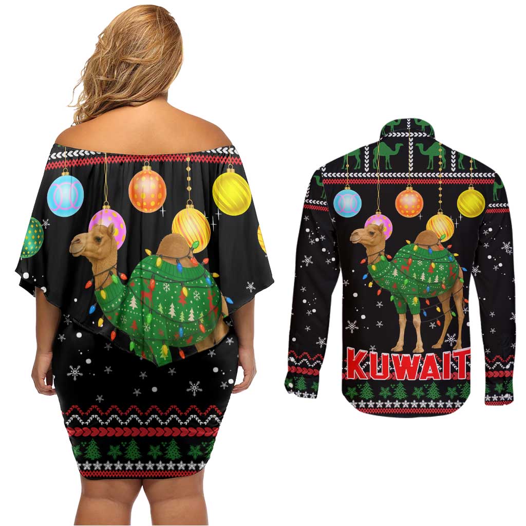 Kuwait Christmas Couples Matching Off Shoulder Short Dress and Long Sleeve Button Shirt with Camel in Festive Ornaments Snowflakes and Green Red - Wonder Print Shop