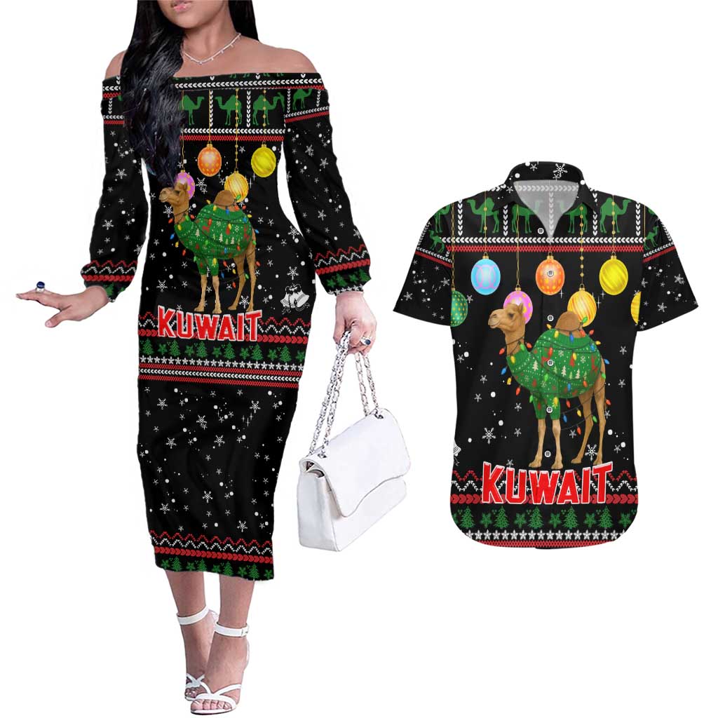 Kuwait Christmas Couples Matching Off The Shoulder Long Sleeve Dress and Hawaiian Shirt with Camel in Festive Ornaments Snowflakes and Green Red - Wonder Print Shop