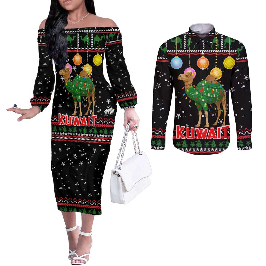 Kuwait Christmas Couples Matching Off The Shoulder Long Sleeve Dress and Long Sleeve Button Shirt with Camel in Festive Ornaments Snowflakes and Green Red - Wonder Print Shop