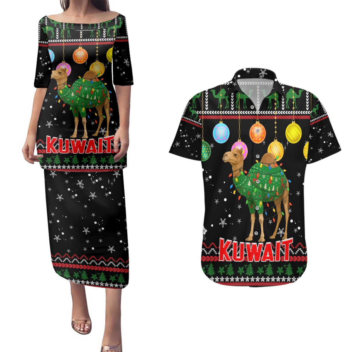 Kuwait Christmas Couples Matching Puletasi and Hawaiian Shirt with Camel in Festive Ornaments Snowflakes and Green Red - Wonder Print Shop