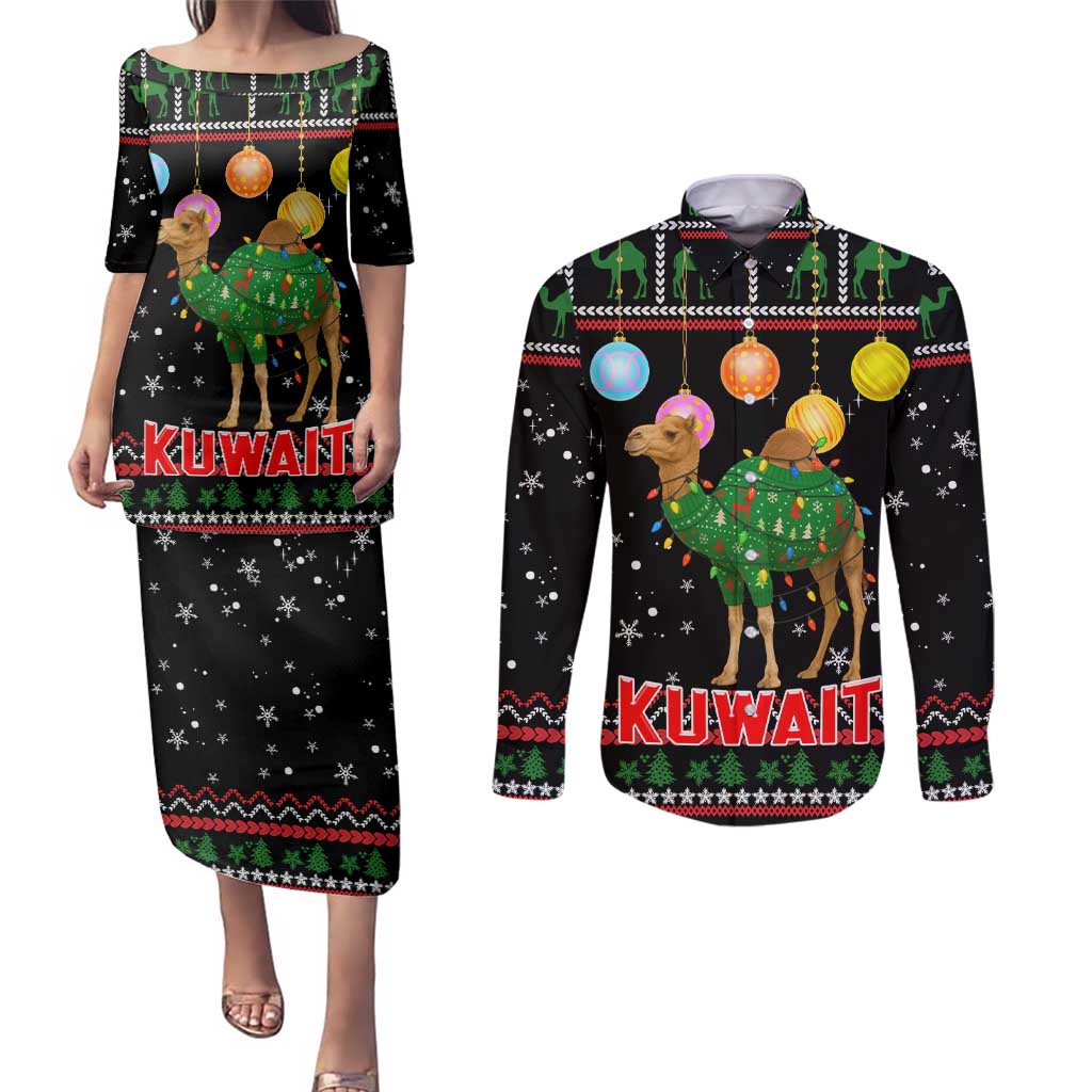 Kuwait Christmas Couples Matching Puletasi and Long Sleeve Button Shirt with Camel in Festive Ornaments Snowflakes and Green Red - Wonder Print Shop