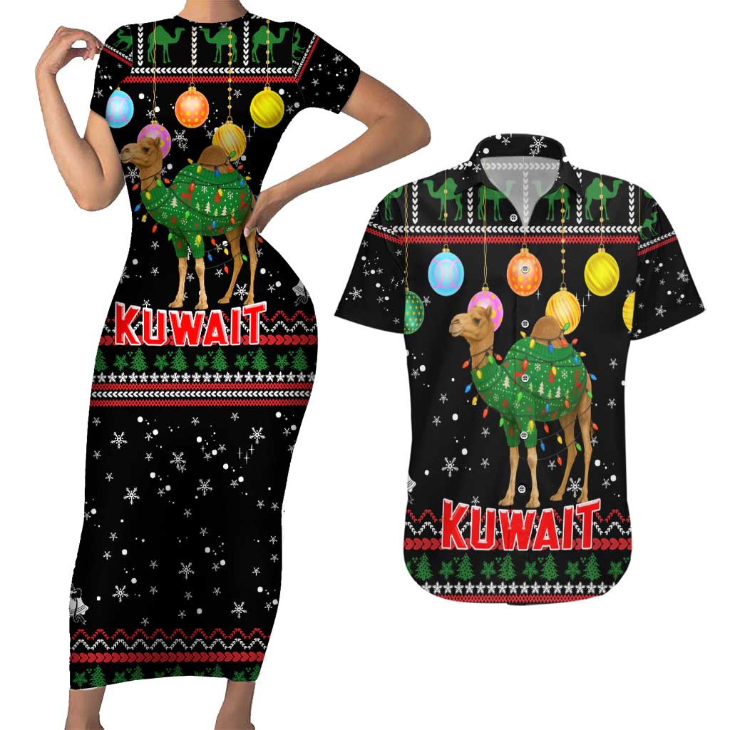 Kuwait Christmas Couples Matching Short Sleeve Bodycon Dress and Hawaiian Shirt with Camel in Festive Ornaments Snowflakes and Green Red - Wonder Print Shop