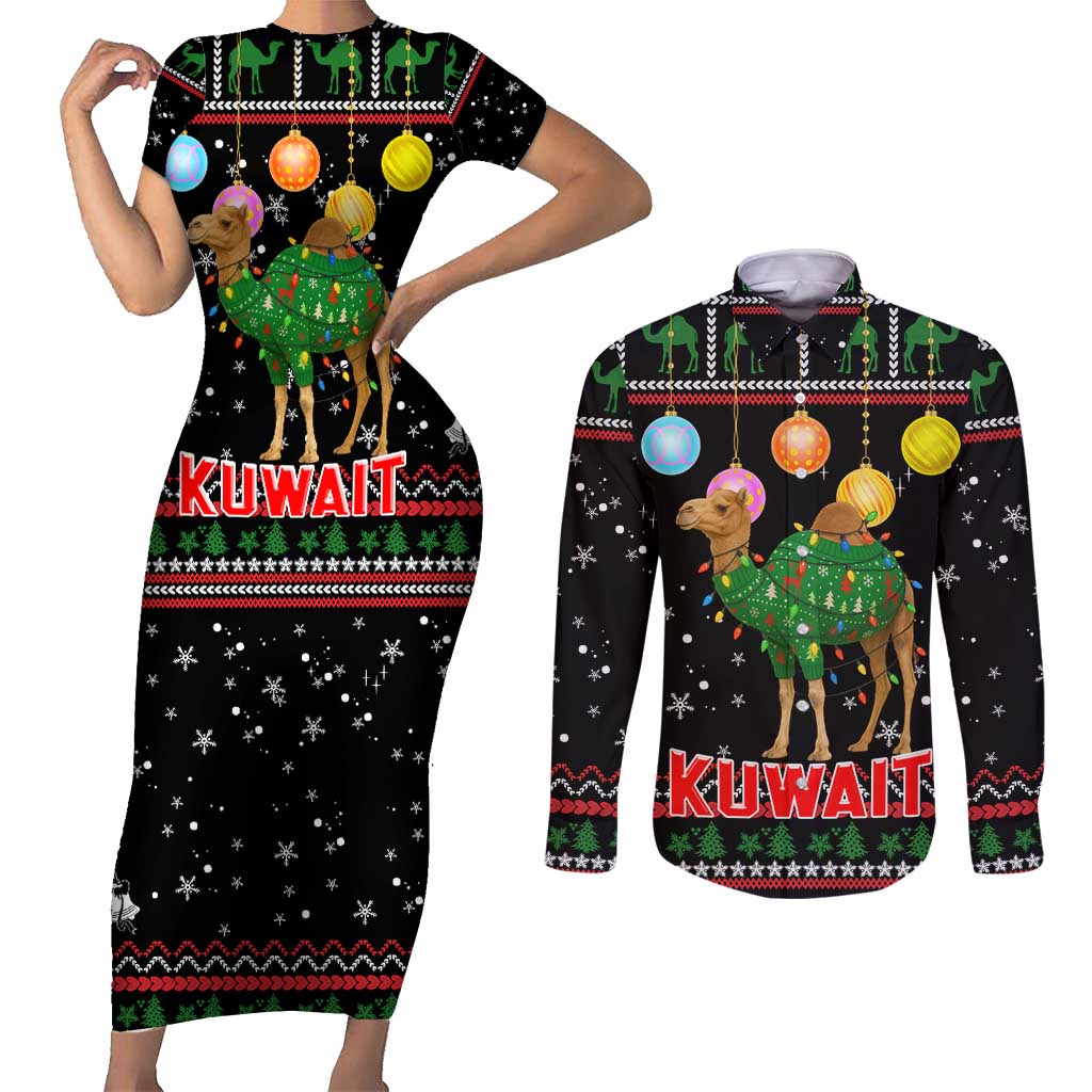 Kuwait Christmas Couples Matching Short Sleeve Bodycon Dress and Long Sleeve Button Shirt with Camel in Festive Ornaments Snowflakes and Green Red - Wonder Print Shop