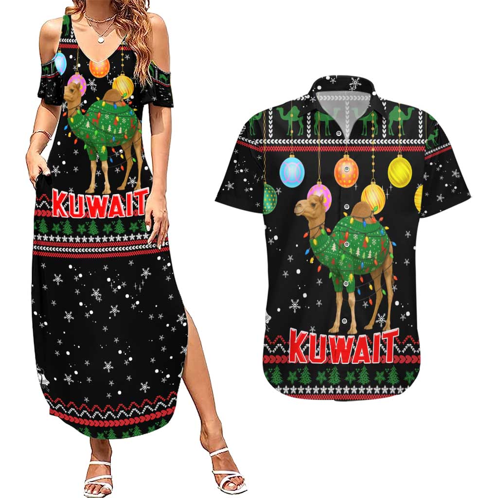 Kuwait Christmas Couples Matching Summer Maxi Dress and Hawaiian Shirt with Camel in Festive Ornaments Snowflakes and Green Red - Wonder Print Shop