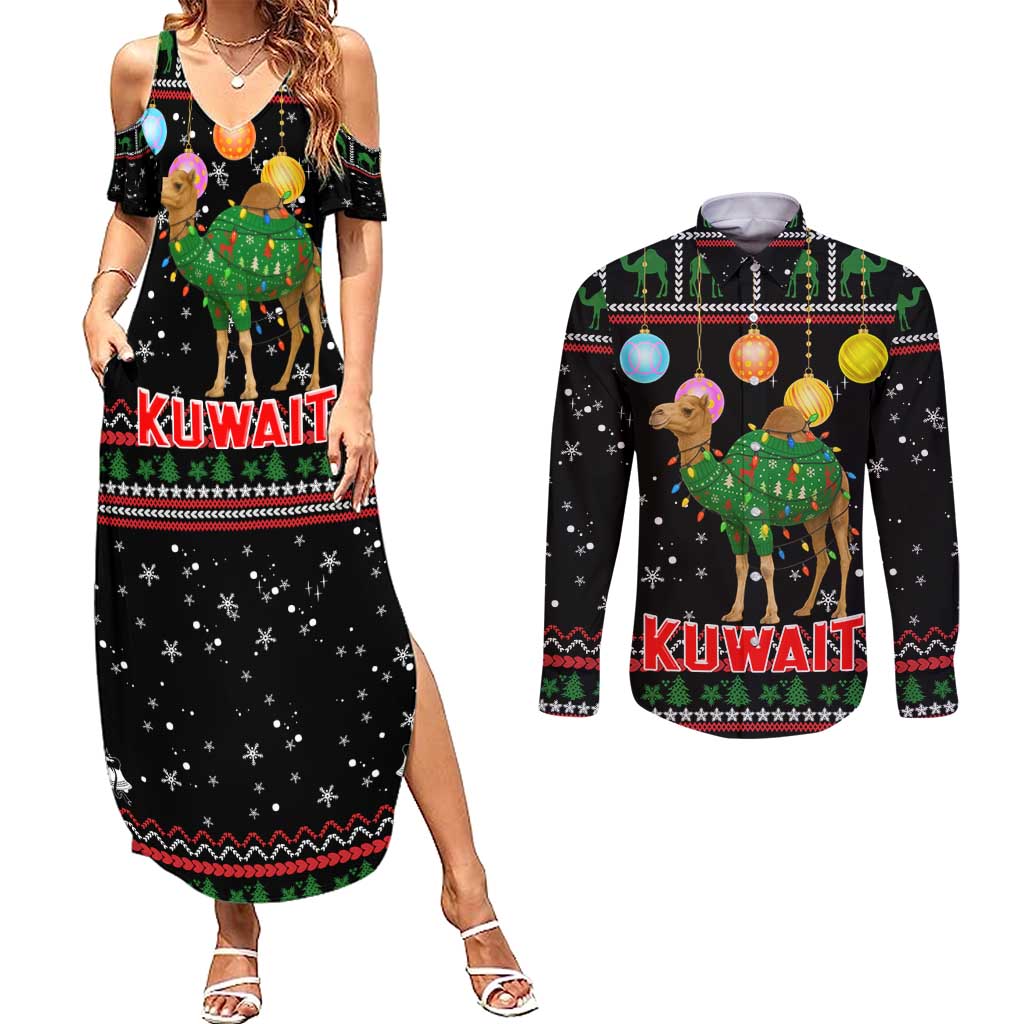 Kuwait Christmas Couples Matching Summer Maxi Dress and Long Sleeve Button Shirt with Camel in Festive Ornaments Snowflakes and Green Red - Wonder Print Shop