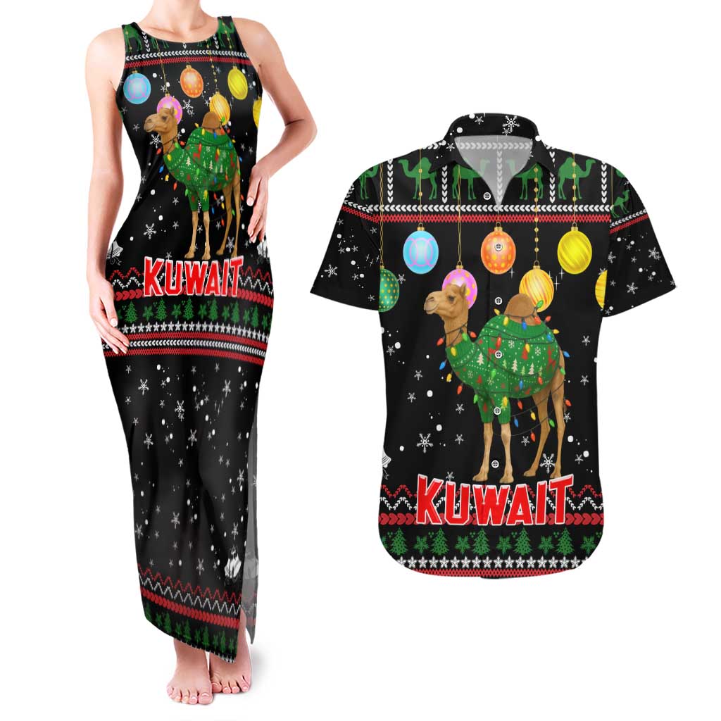Kuwait Christmas Couples Matching Tank Maxi Dress and Hawaiian Shirt with Camel in Festive Ornaments Snowflakes and Green Red - Wonder Print Shop