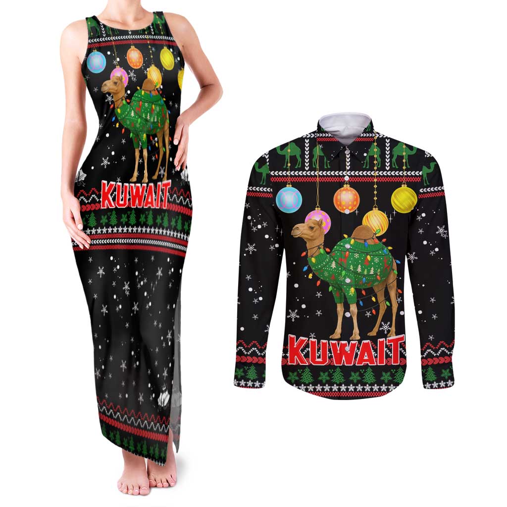 Kuwait Christmas Couples Matching Tank Maxi Dress and Long Sleeve Button Shirt with Camel in Festive Ornaments Snowflakes and Green Red - Wonder Print Shop