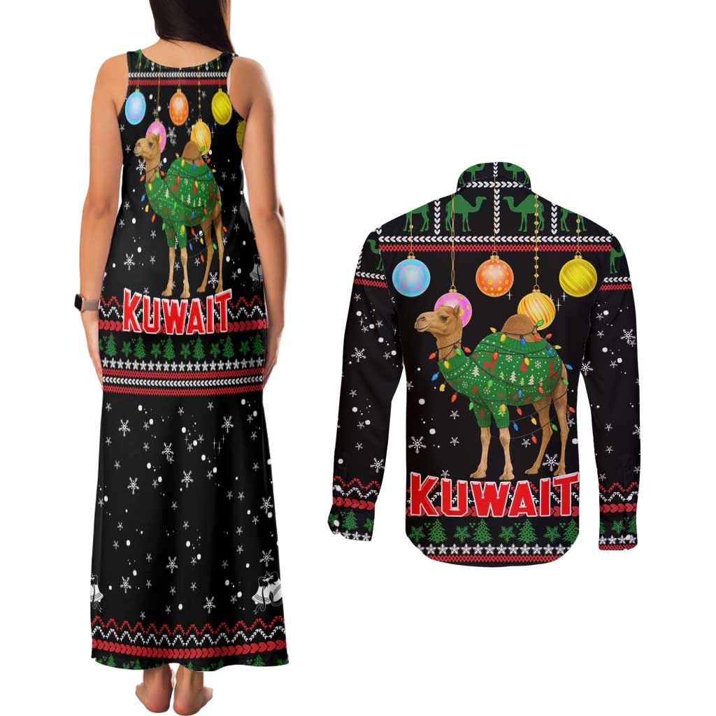 Kuwait Christmas Couples Matching Tank Maxi Dress and Long Sleeve Button Shirt with Camel in Festive Ornaments Snowflakes and Green Red - Wonder Print Shop