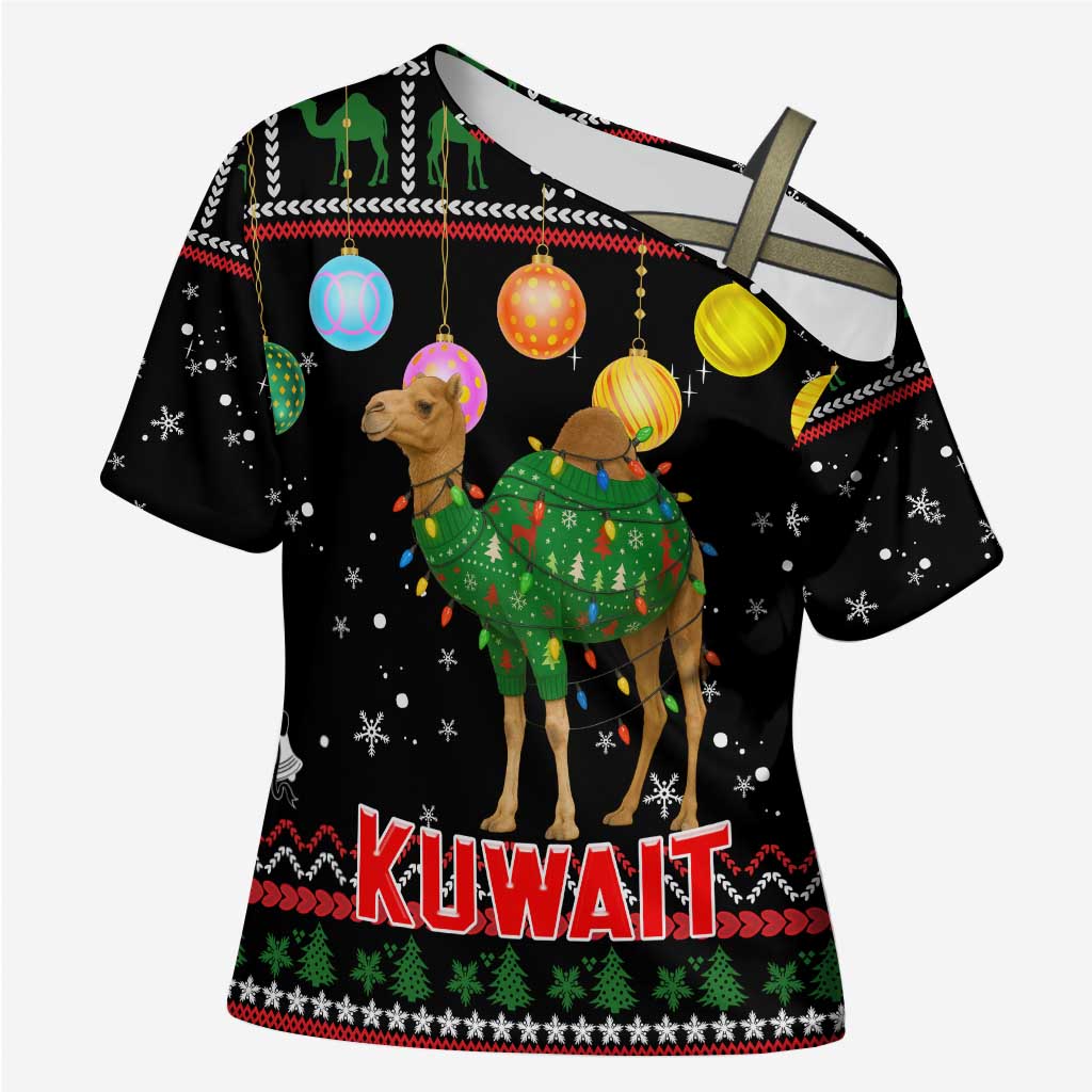 Kuwait Christmas Cross Shoulder Shirt with Camel in Festive Ornaments Snowflakes and Green Red - Wonder Print Shop