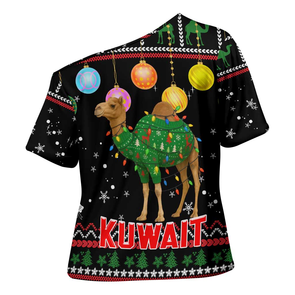 Kuwait Christmas Cross Shoulder Shirt with Camel in Festive Ornaments Snowflakes and Green Red - Wonder Print Shop