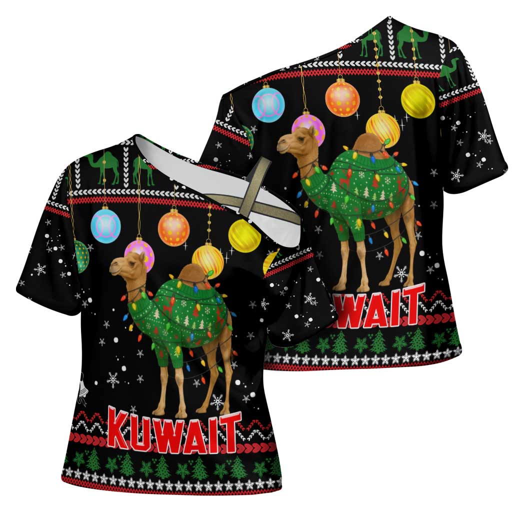 Kuwait Christmas Cross Shoulder Shirt with Camel in Festive Ornaments Snowflakes and Green Red - Wonder Print Shop