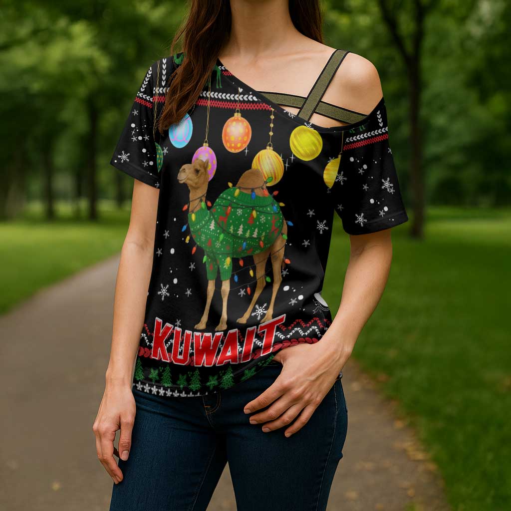 Kuwait Christmas Cross Shoulder Shirt with Camel in Festive Ornaments Snowflakes and Green Red - Wonder Print Shop