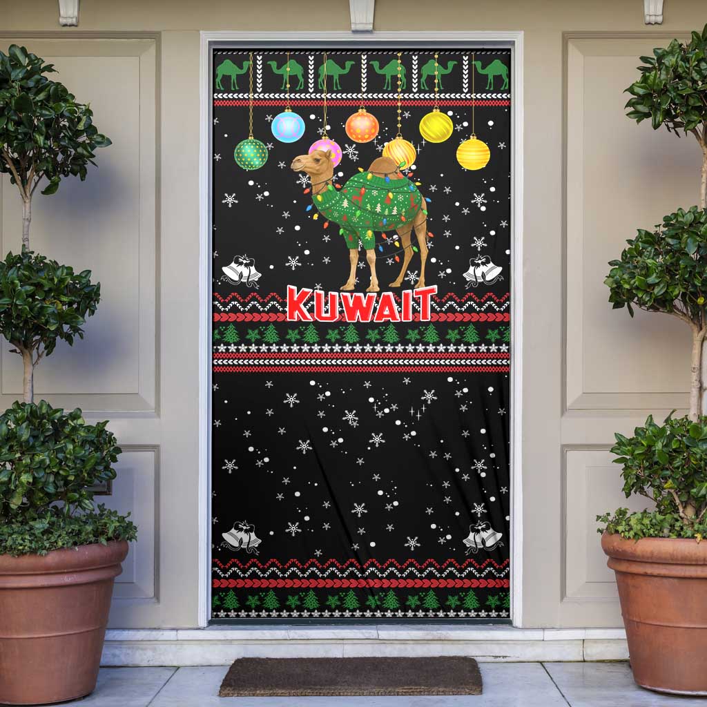 Kuwait Christmas Door Cover with Camel in Festive Ornaments Snowflakes and Green Red - Wonder Print Shop