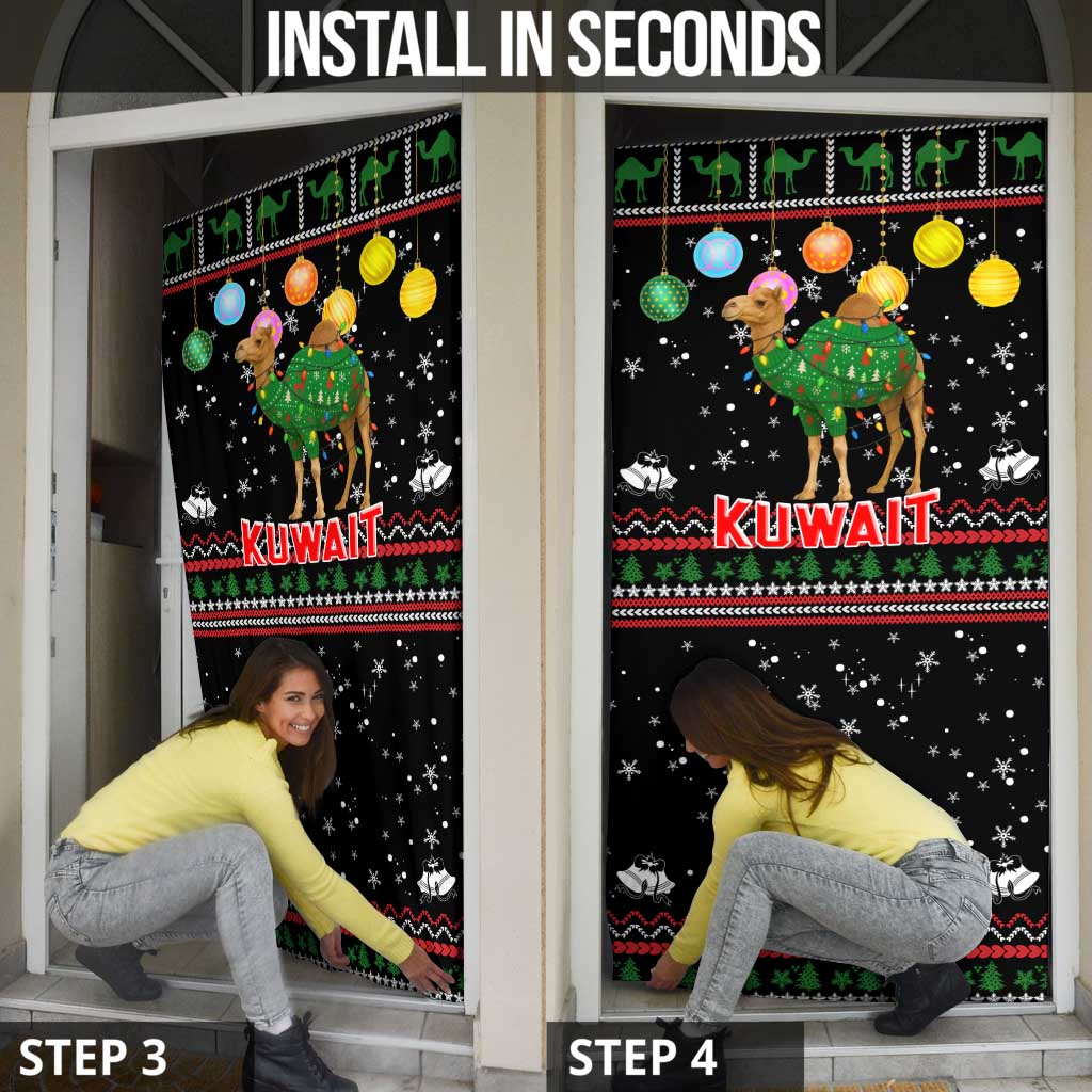 Kuwait Christmas Door Cover with Camel in Festive Ornaments Snowflakes and Green Red - Wonder Print Shop