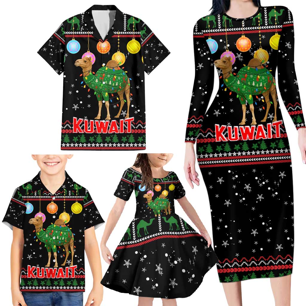 Kuwait Christmas Family Matching Long Sleeve Bodycon Dress and Hawaiian Shirt with Camel in Festive Ornaments Snowflakes and Green Red - Wonder Print Shop