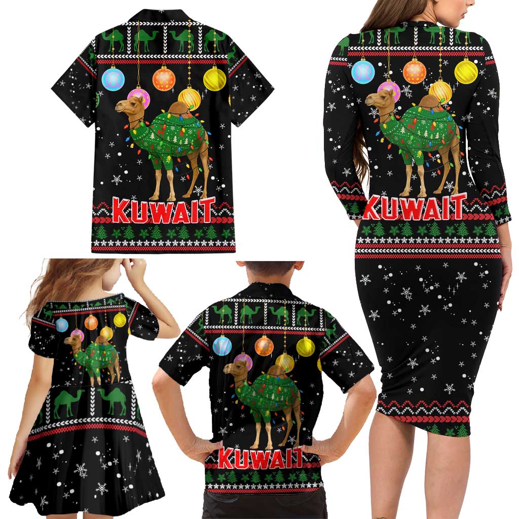 Kuwait Christmas Family Matching Long Sleeve Bodycon Dress and Hawaiian Shirt with Camel in Festive Ornaments Snowflakes and Green Red - Wonder Print Shop