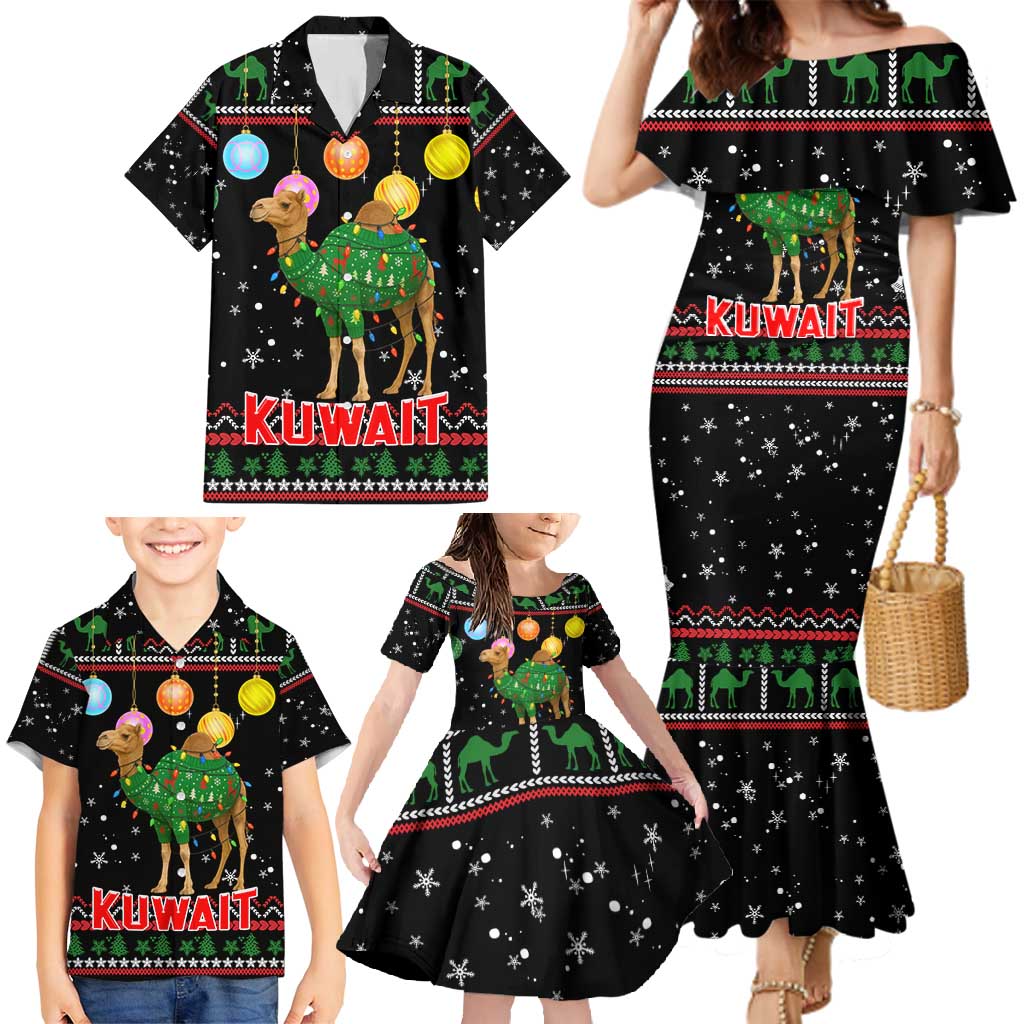 Kuwait Christmas Family Matching Mermaid Dress and Hawaiian Shirt with Camel in Festive Ornaments Snowflakes and Green Red - Wonder Print Shop