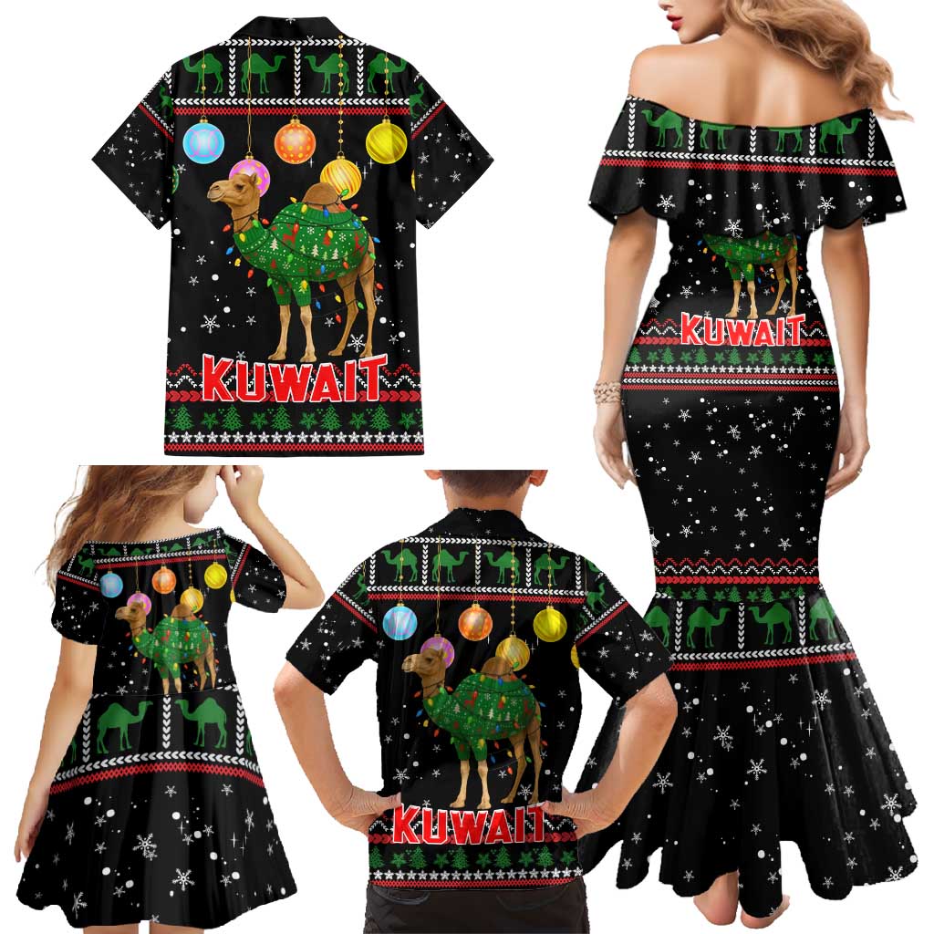 Kuwait Christmas Family Matching Mermaid Dress and Hawaiian Shirt with Camel in Festive Ornaments Snowflakes and Green Red - Wonder Print Shop