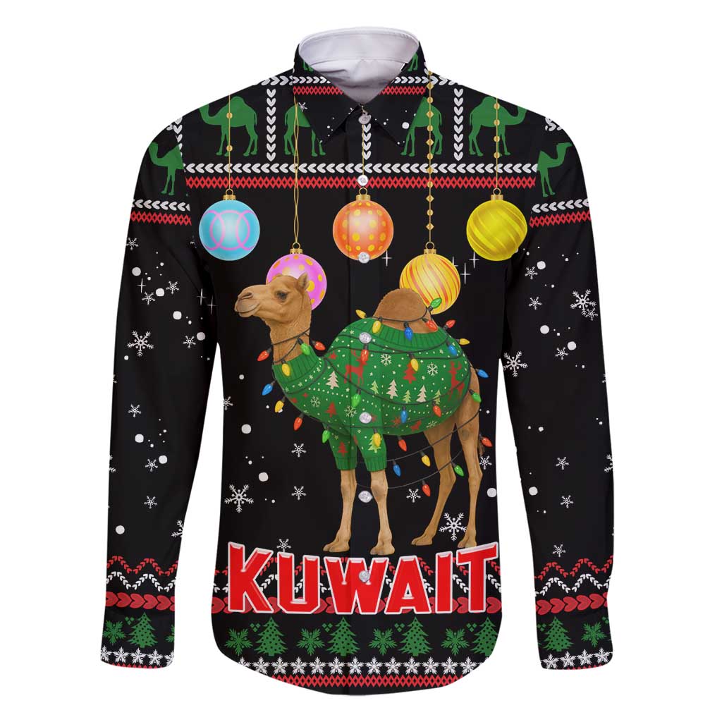 Kuwait Christmas Family Matching Mermaid Dress and Hawaiian Shirt with Camel in Festive Ornaments Snowflakes and Green Red - Wonder Print Shop