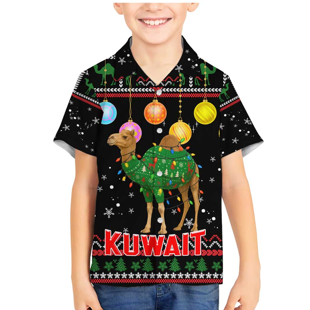 Kuwait Christmas Family Matching Mermaid Dress and Hawaiian Shirt with Camel in Festive Ornaments Snowflakes and Green Red - Wonder Print Shop