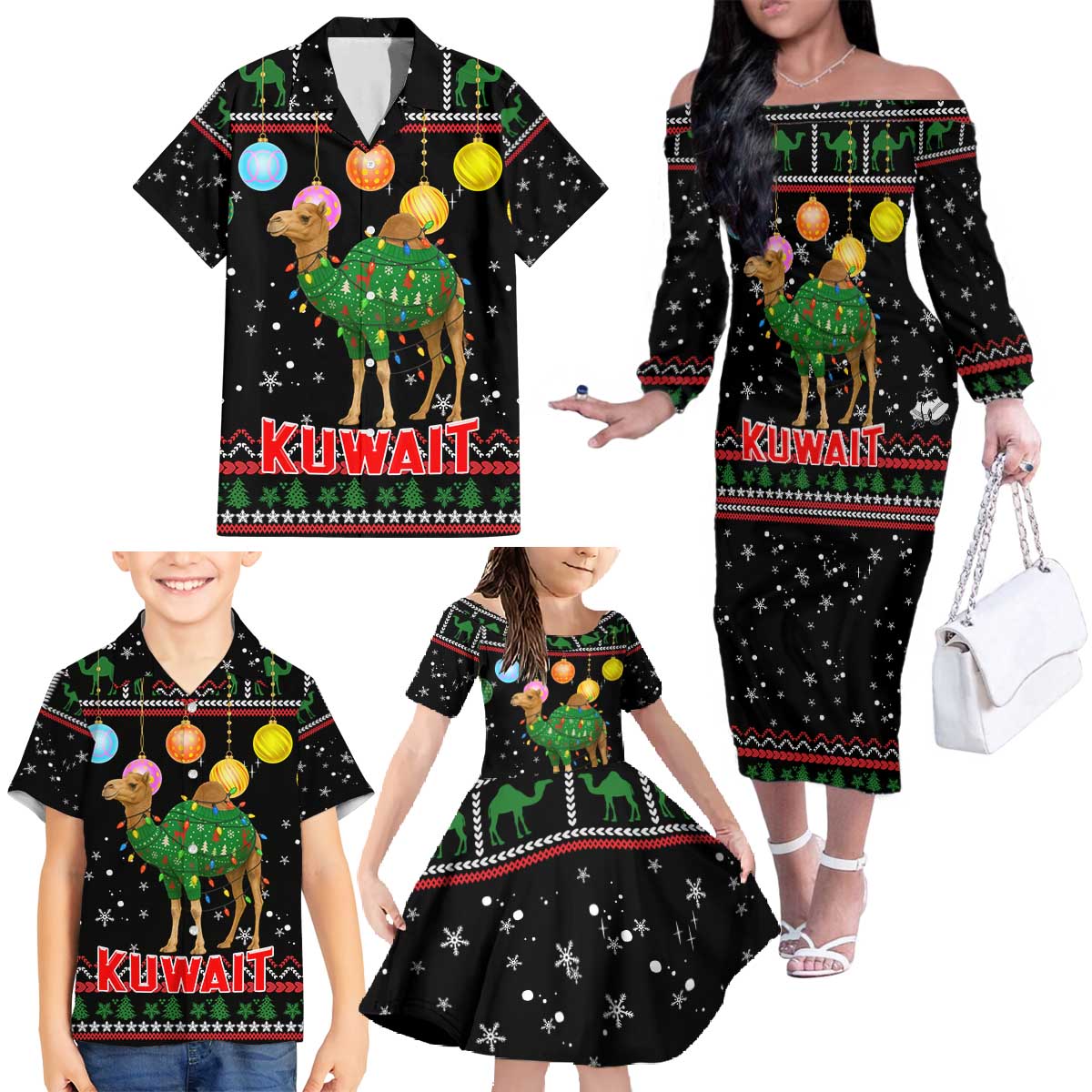 Kuwait Christmas Family Matching Off The Shoulder Long Sleeve Dress and Hawaiian Shirt with Camel in Festive Ornaments Snowflakes and Green Red - Wonder Print Shop