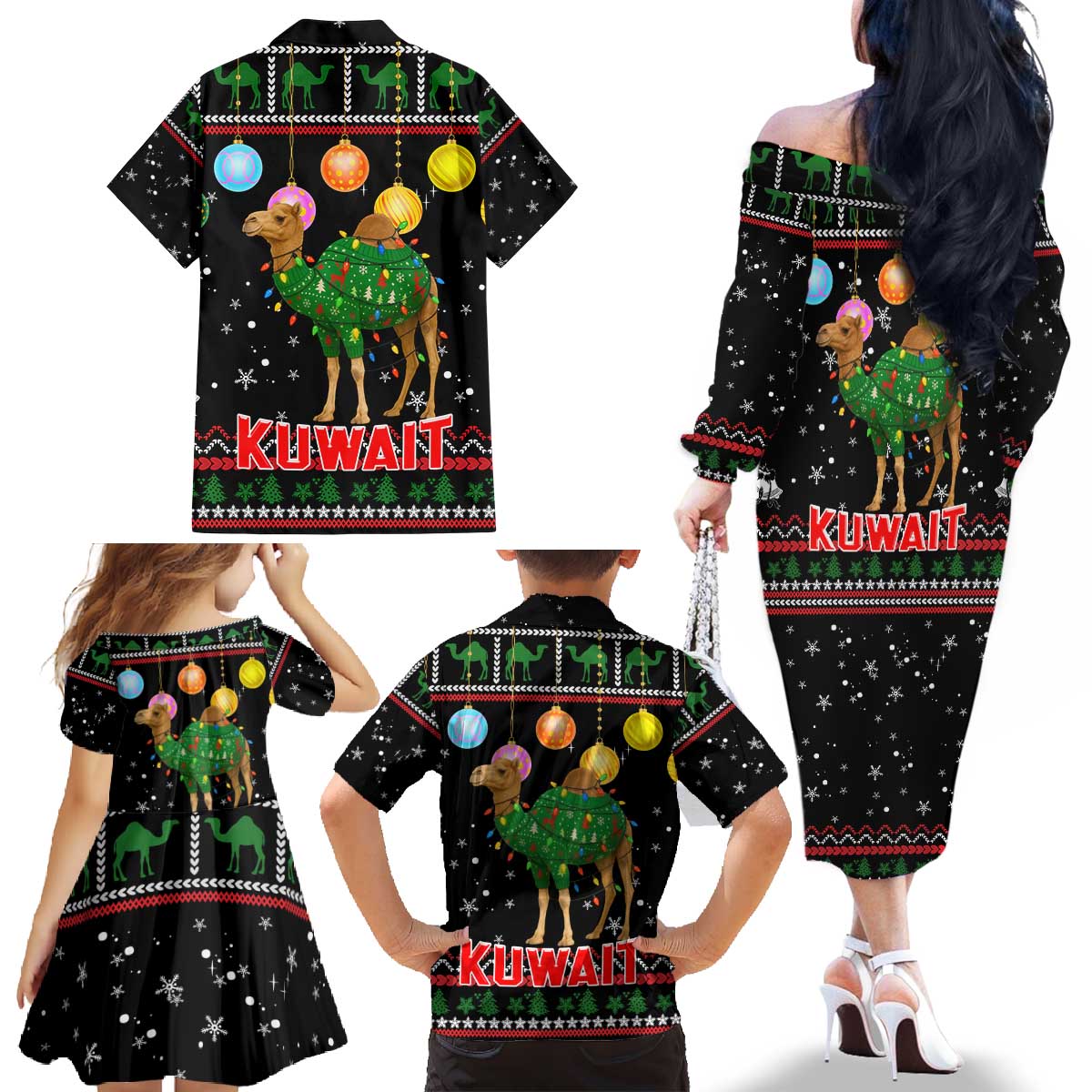 Kuwait Christmas Family Matching Off The Shoulder Long Sleeve Dress and Hawaiian Shirt with Camel in Festive Ornaments Snowflakes and Green Red - Wonder Print Shop