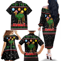Kuwait Christmas Family Matching Off The Shoulder Long Sleeve Dress and Hawaiian Shirt with Camel in Festive Ornaments Snowflakes and Green Red - Wonder Print Shop