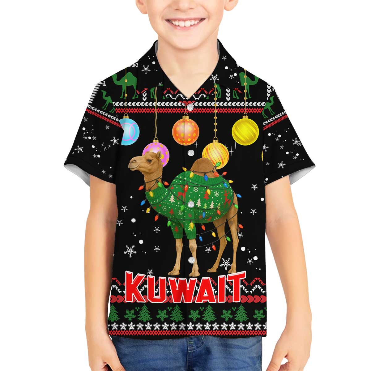 Kuwait Christmas Family Matching Off The Shoulder Long Sleeve Dress and Hawaiian Shirt with Camel in Festive Ornaments Snowflakes and Green Red - Wonder Print Shop