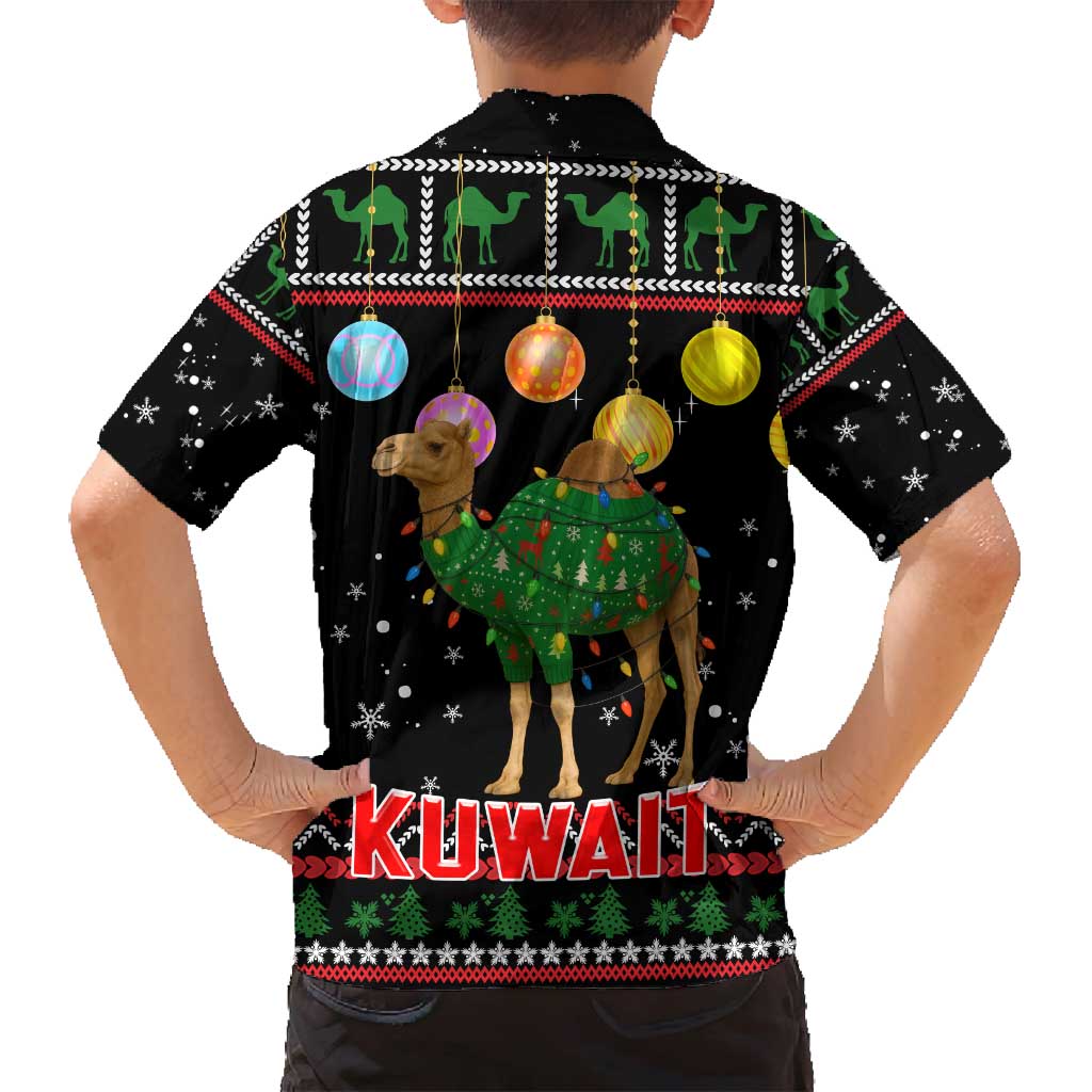 Kuwait Christmas Family Matching Off Shoulder Maxi Dress and Hawaiian Shirt with Camel in Festive Ornaments Snowflakes and Green Red - Wonder Print Shop
