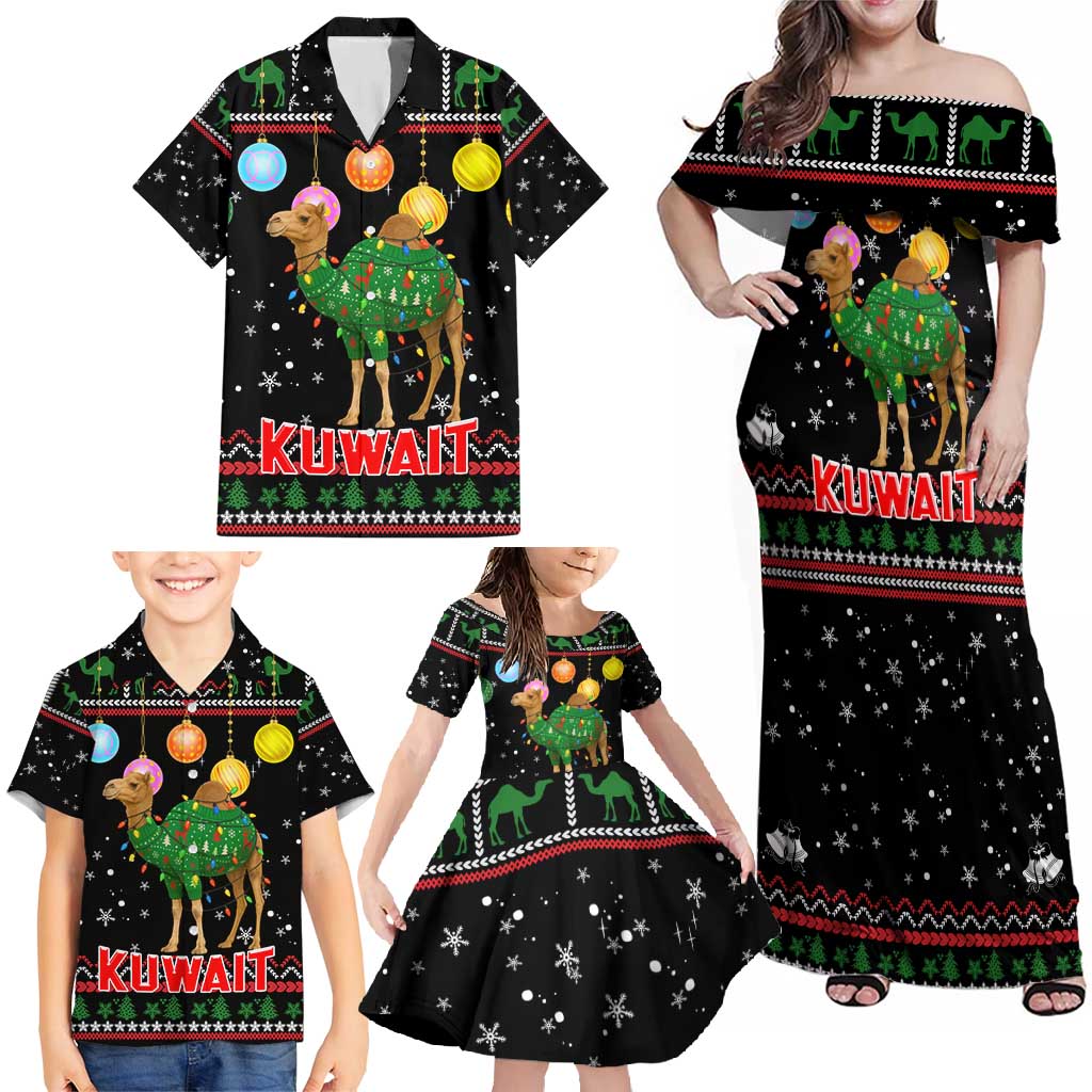 Kuwait Christmas Family Matching Off Shoulder Maxi Dress and Hawaiian Shirt with Camel in Festive Ornaments Snowflakes and Green Red - Wonder Print Shop