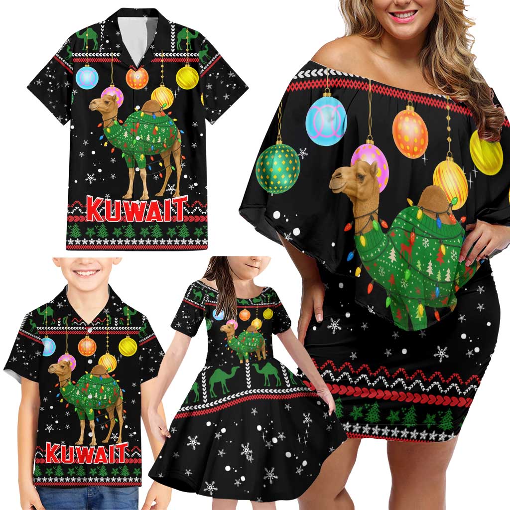 Kuwait Christmas Family Matching Off Shoulder Short Dress and Hawaiian Shirt with Camel in Festive Ornaments Snowflakes and Green Red - Wonder Print Shop