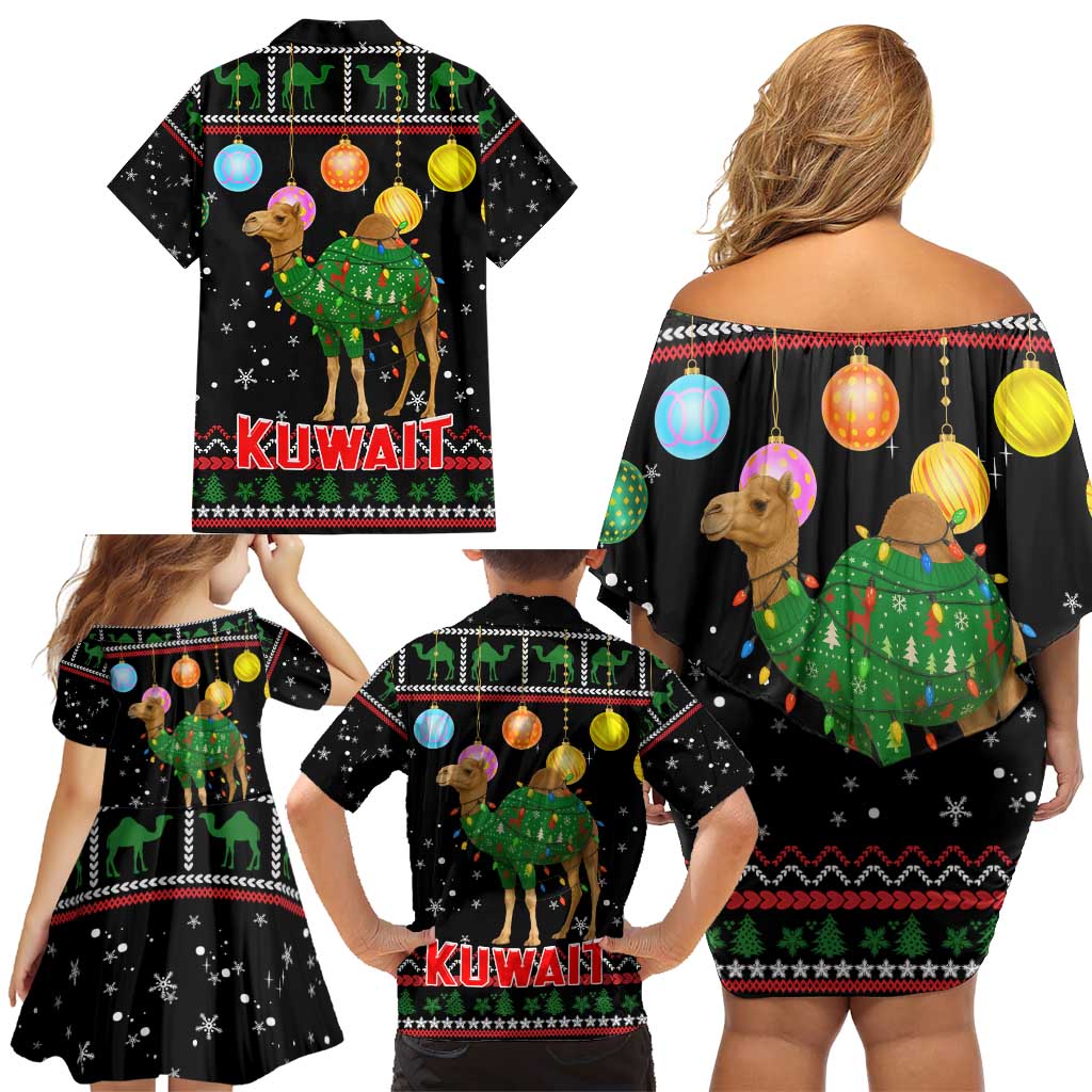 Kuwait Christmas Family Matching Off Shoulder Short Dress and Hawaiian Shirt with Camel in Festive Ornaments Snowflakes and Green Red - Wonder Print Shop