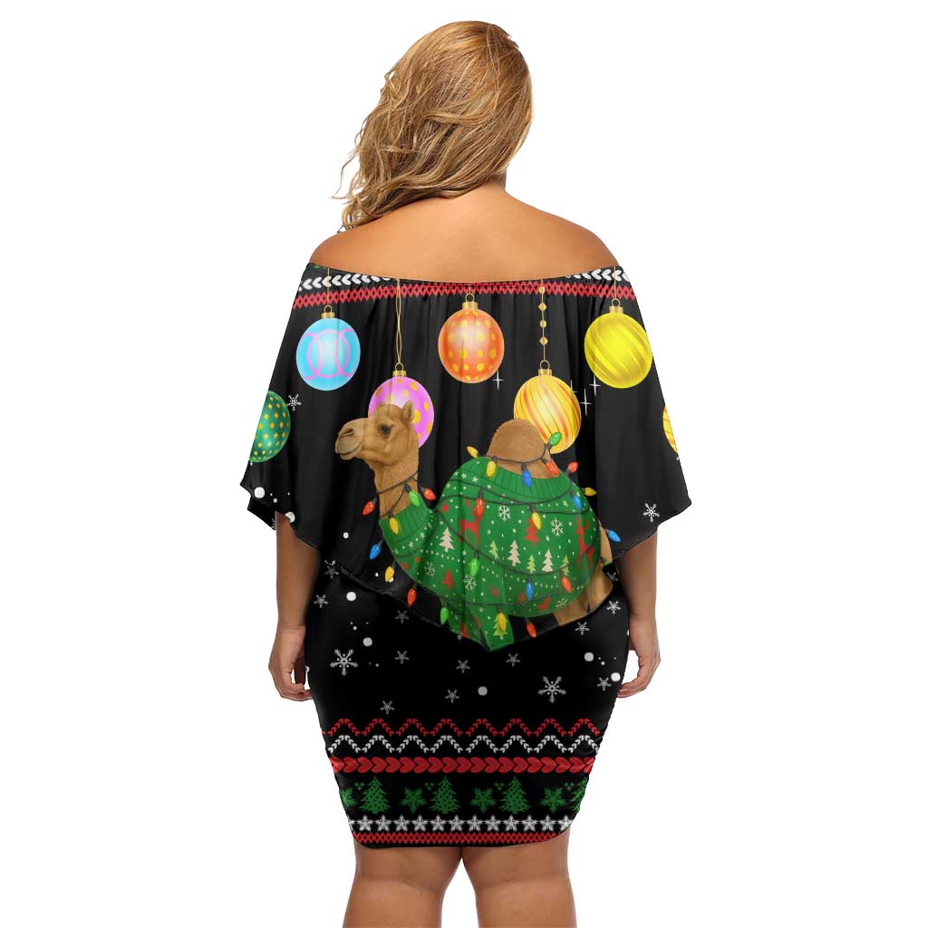 Kuwait Christmas Family Matching Off Shoulder Short Dress and Hawaiian Shirt with Camel in Festive Ornaments Snowflakes and Green Red - Wonder Print Shop