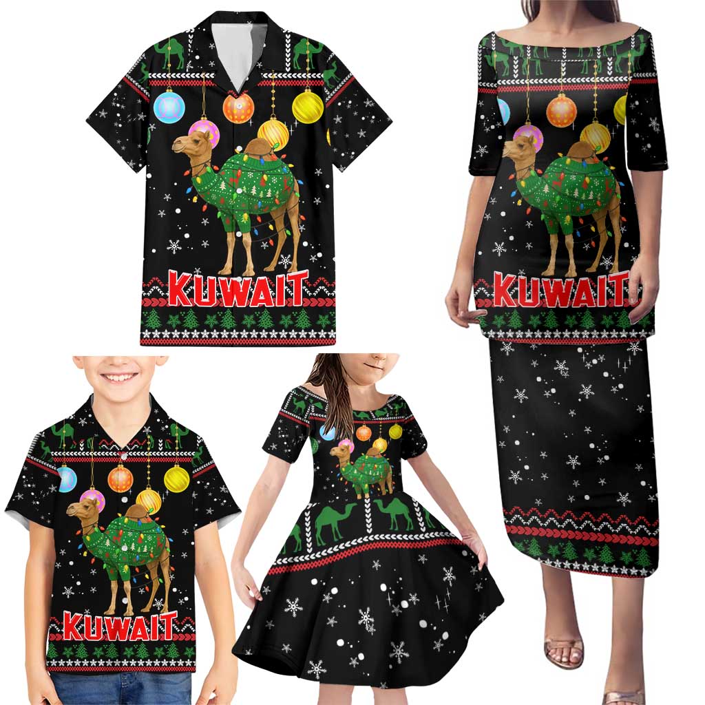 Kuwait Christmas Family Matching Puletasi and Hawaiian Shirt with Camel in Festive Ornaments Snowflakes and Green Red - Wonder Print Shop