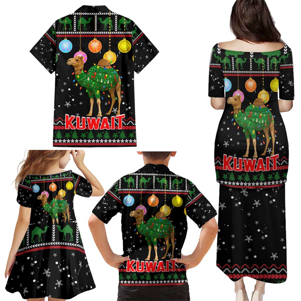 Kuwait Christmas Family Matching Puletasi and Hawaiian Shirt with Camel in Festive Ornaments Snowflakes and Green Red - Wonder Print Shop