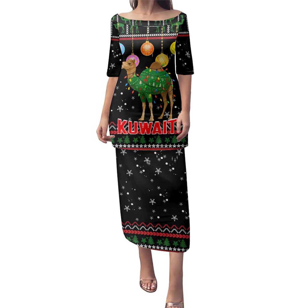Kuwait Christmas Family Matching Puletasi and Hawaiian Shirt with Camel in Festive Ornaments Snowflakes and Green Red - Wonder Print Shop
