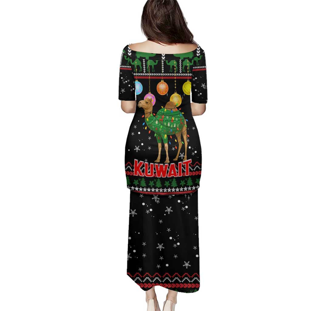 Kuwait Christmas Family Matching Puletasi and Hawaiian Shirt with Camel in Festive Ornaments Snowflakes and Green Red - Wonder Print Shop