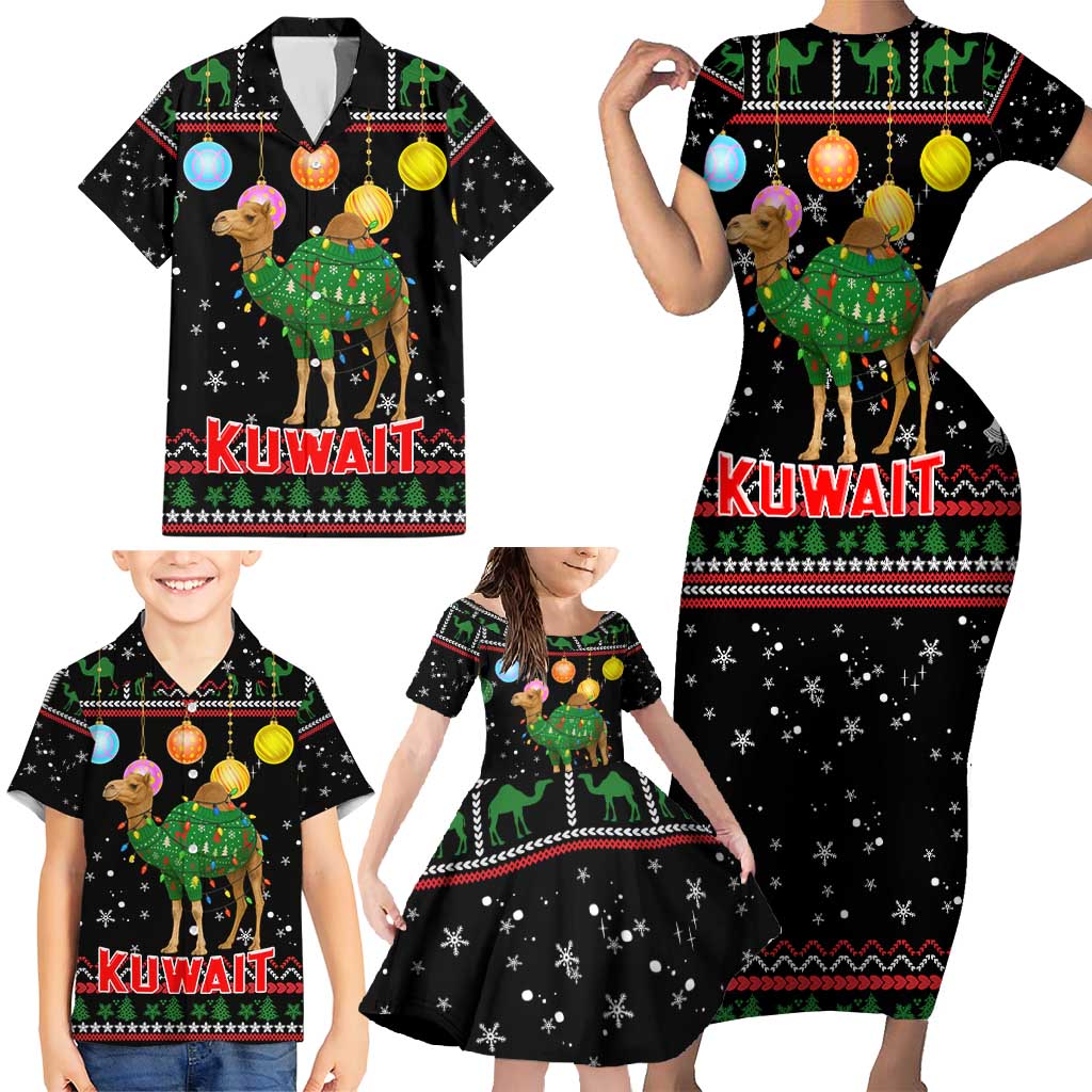 Kuwait Christmas Family Matching Short Sleeve Bodycon Dress and Hawaiian Shirt with Camel in Festive Ornaments Snowflakes and Green Red - Wonder Print Shop
