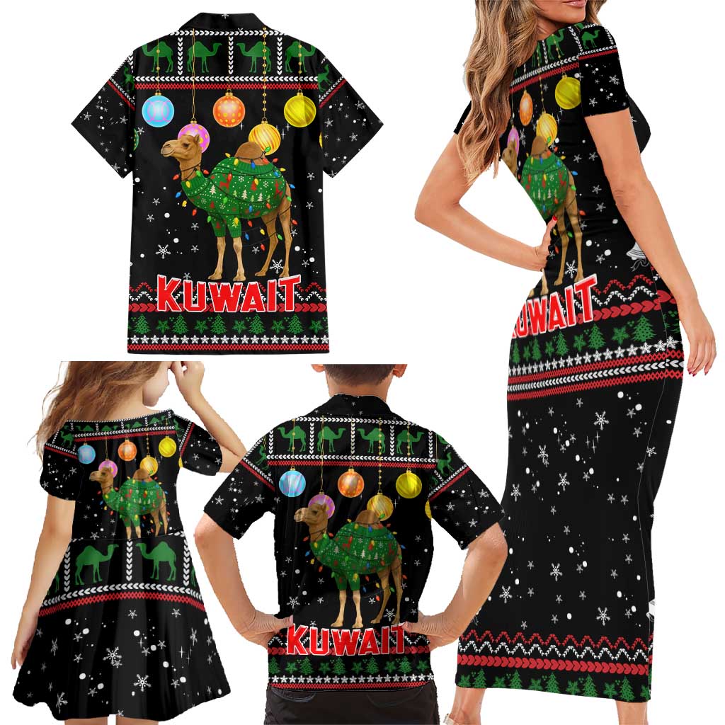 Kuwait Christmas Family Matching Short Sleeve Bodycon Dress and Hawaiian Shirt with Camel in Festive Ornaments Snowflakes and Green Red - Wonder Print Shop