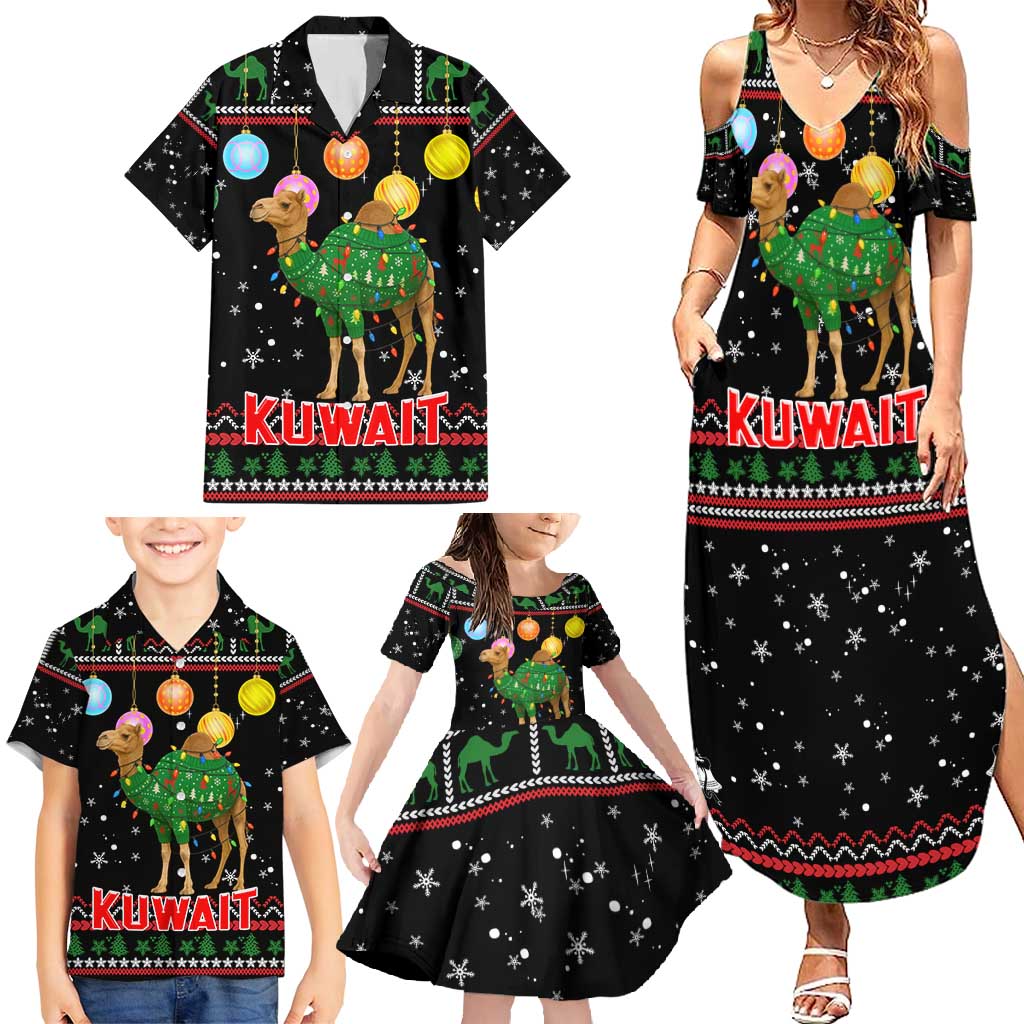 Kuwait Christmas Family Matching Summer Maxi Dress and Hawaiian Shirt with Camel in Festive Ornaments Snowflakes and Green Red - Wonder Print Shop