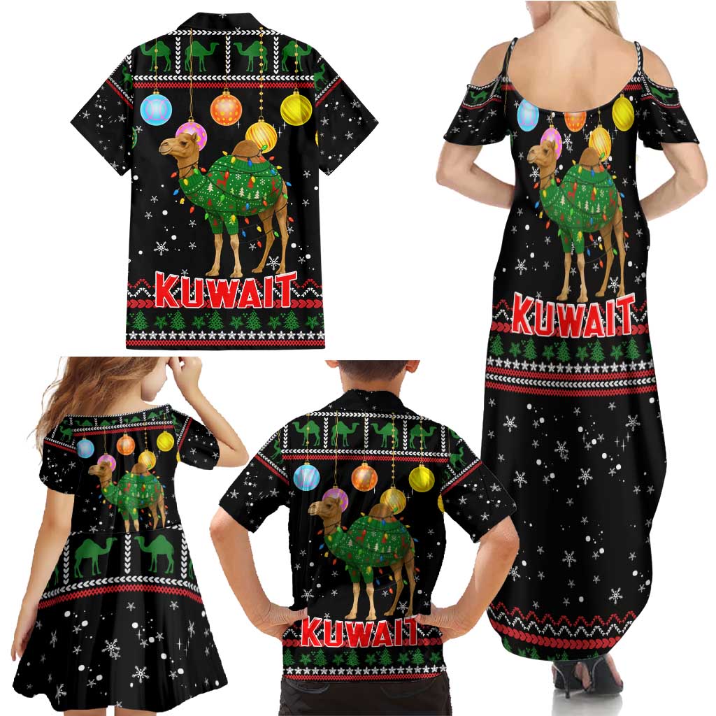 Kuwait Christmas Family Matching Summer Maxi Dress and Hawaiian Shirt with Camel in Festive Ornaments Snowflakes and Green Red - Wonder Print Shop